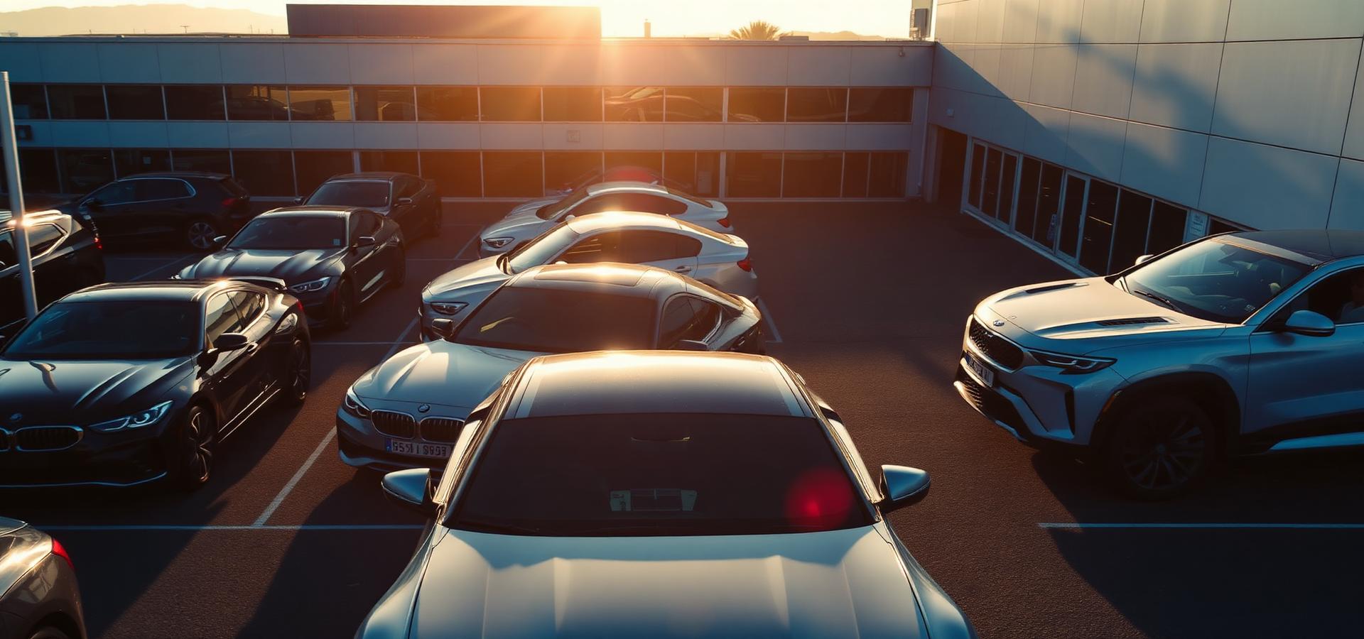 Dealership lot at golden hour